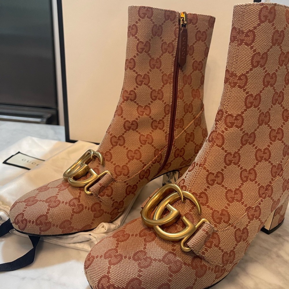 Gucci GG Logo Marmont Guccissima Monogram Brown Mid-Calf  Heel Boot shoe
